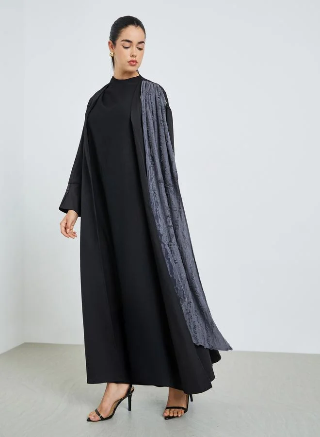 Amirah Women Black Abaya With Textured Printed Scarf